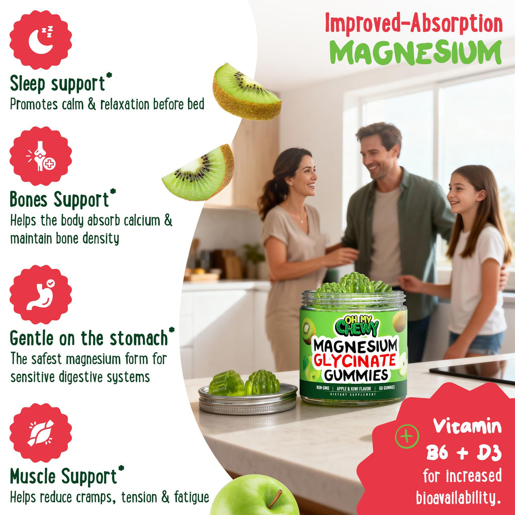 Center-Filled Magnesium Glycinate Gummies 400MG - High Absorption for Kids, Teens & Adults - Supplement for Sleep, Calm & Muscle Relaxation with B6 & D3 - Gluten Free & Vegan Friendly - 60 Count