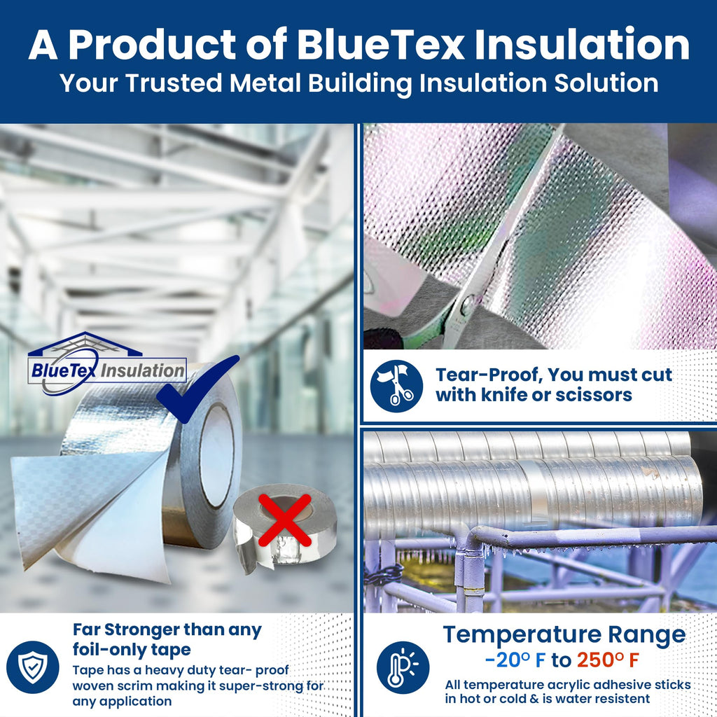 BlueTex Insulationㅤ HVAC Aluminum Foil Tape 3 inch x 150 ft (6 mil), Professional Grade Silver Duct Tape Metallic, Tear-Proof HVAC Tape, Heavy Duty, for Ductwork, Dryer Vent & Insulation - 16 Rolls