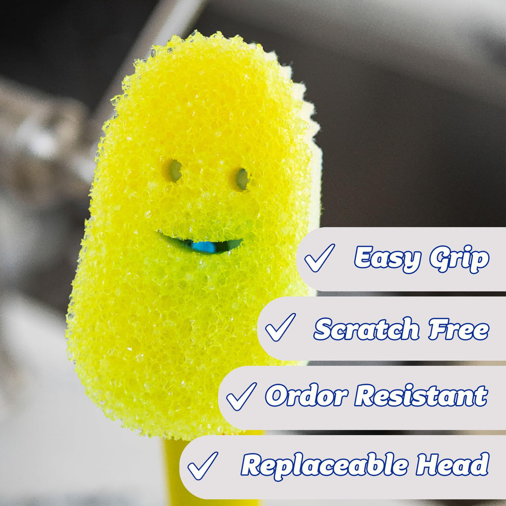 Scrub Daddy Dish Daddy Wand, Refill Heads, Sponge & Connector Head, Soap Dispensing Dish Brush, Texture Changing Washing Up Sponge with Liquid Handle, Built-in Scraper & Scrubbing Head - Yellow