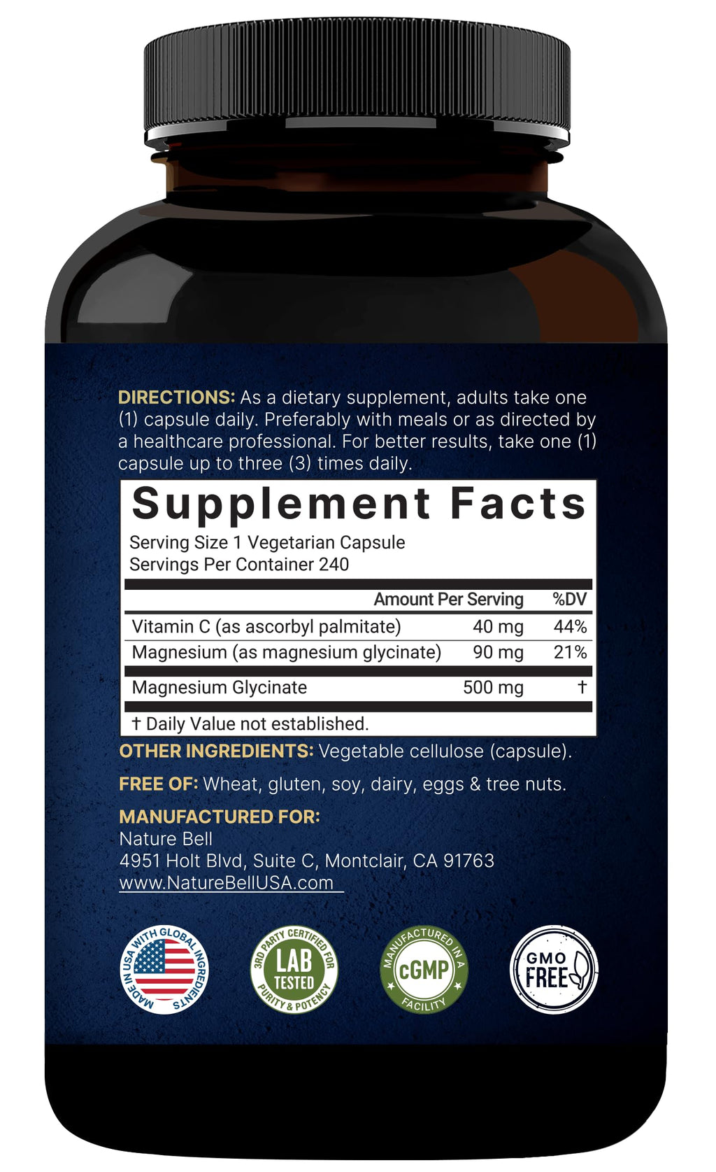 Naturebell Pure Magnesium Glycinate 500mg, 240 Veggie Capsules | 100% Chelated & Purified – 3rd Party Tested, Vegan Friendly, Non-GMO