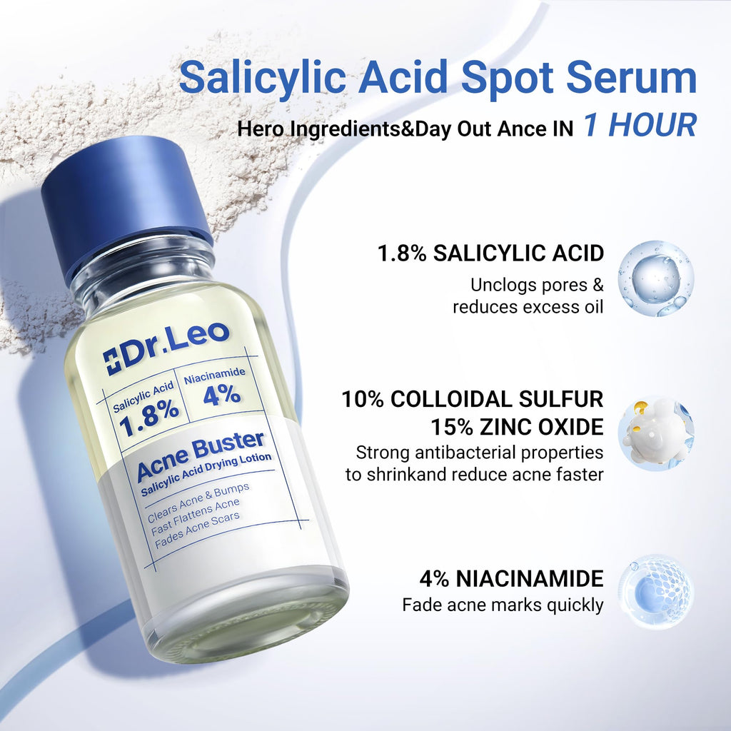 Dr.Leo 1.8% Salicylic Acid Spot Serum, Acne Treatment for Acne-Prone Sensitive Skin | Niacinamide, Fast Pimple Relief, Fades Acne Marks, Overnight & Period Breakouts, 0.34 fl oz (20 ml)