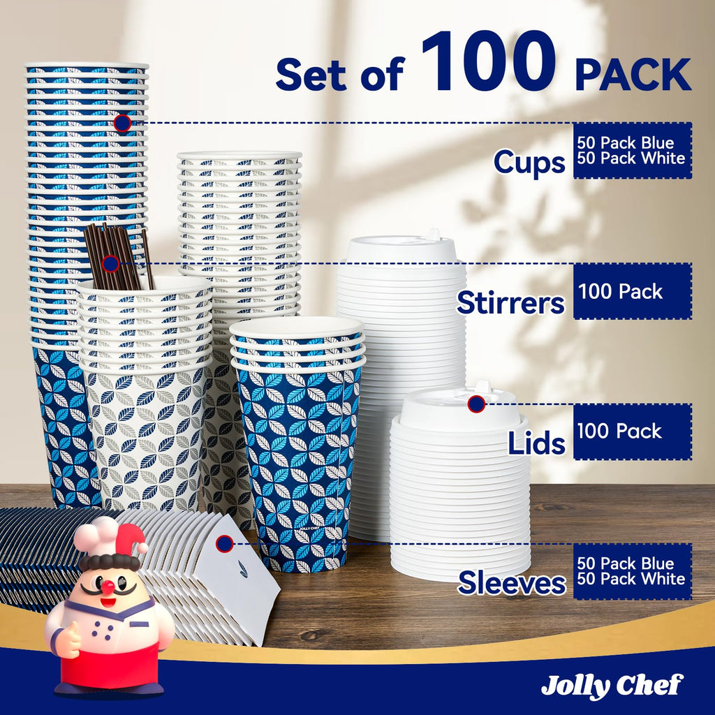 JOLLY CHEF 16 oz Paper Coffee Cups with Lids 100 Pack Disposable Hot Cups