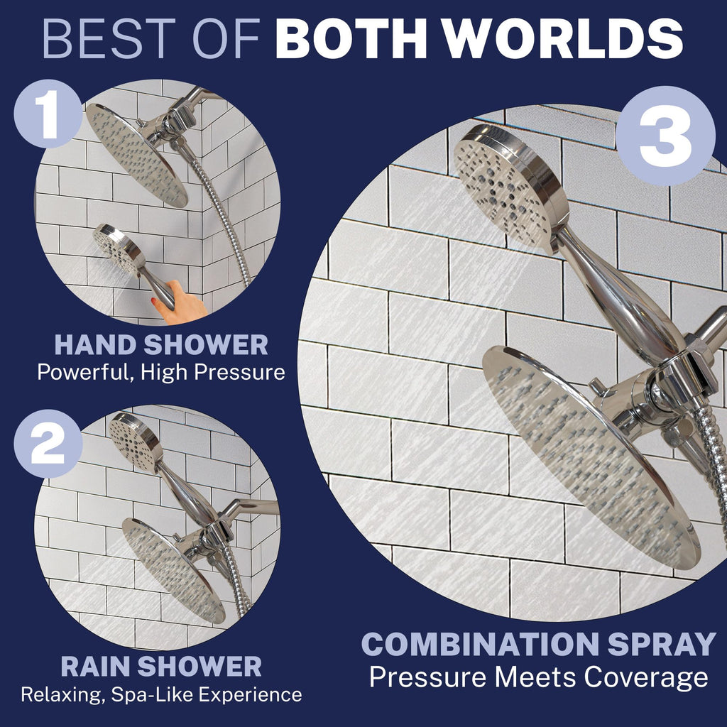 HammerHead Showers Dual Shower Head Combo, 8-Inch Rainfall & 3-Flow Handheld, Chrome, 2.5 GPM