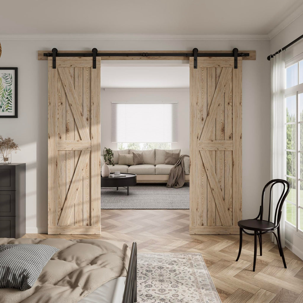 CCJH 9FT Sliding Barn Door Hardware Kit, Heavy Duty, Smoothly and Silently, Easy to Install, Fit 27" Width Double Door Panel, I Shaped Hangers Black