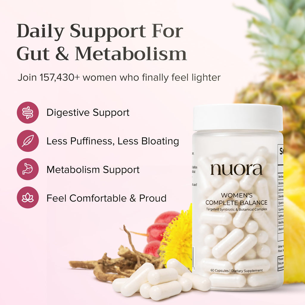 Nuora Biofilm Probiotic | Pineapple Probiotics for Women to Boost Metabolism, Support All-Day Energy, Help Puffiness & Bloating | Natural, Vegan, & Gluten-Free | 60ct of Nuora Gut Health Capsules