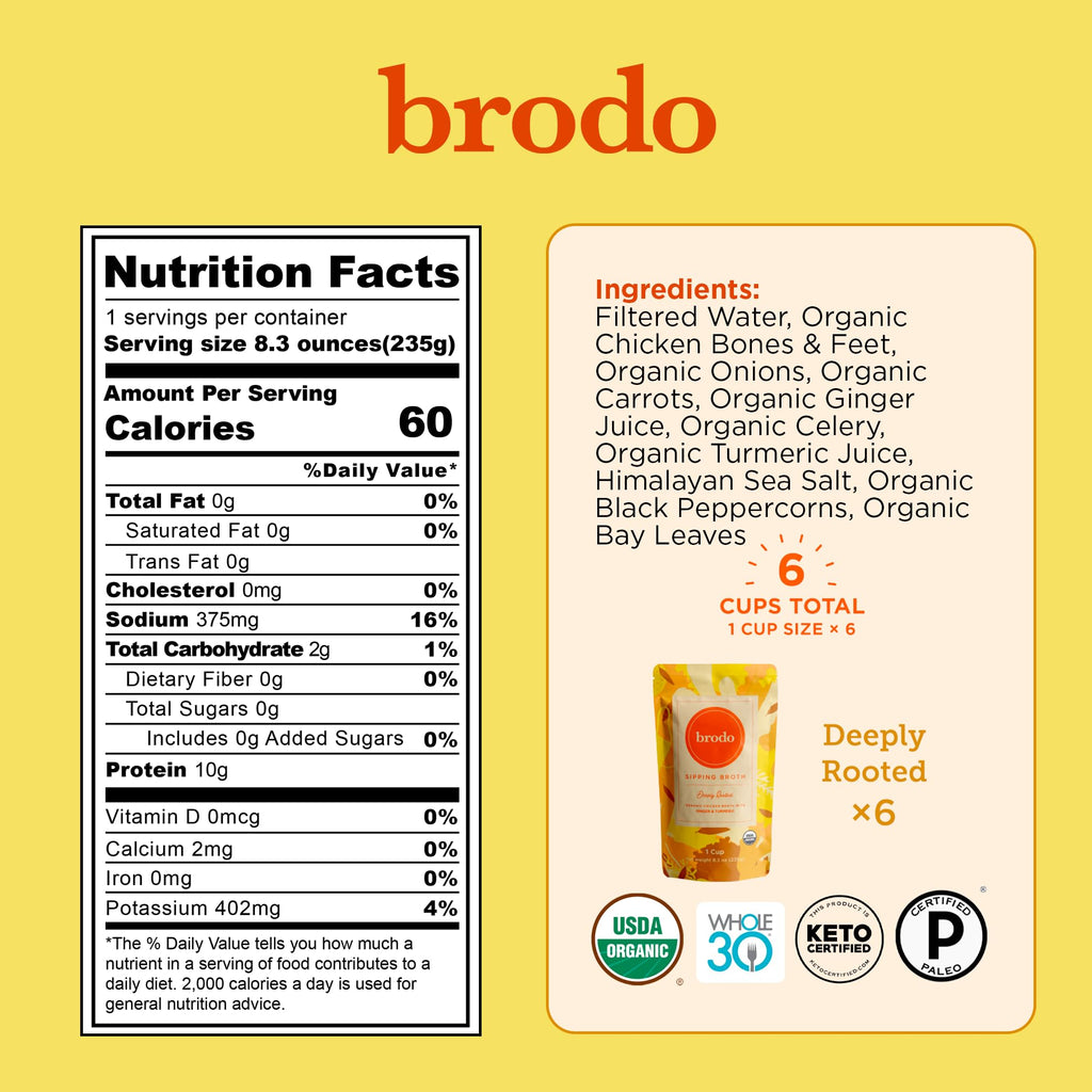 Brodo Deeply Rooted Organic Chicken Broth with Turmeric & Ginger, Nutrient-Rich Chicken Bone Broth Organic, High in Protein and Collagen for Wellness and Cooking, (6x 8.3 oz. Pouches)