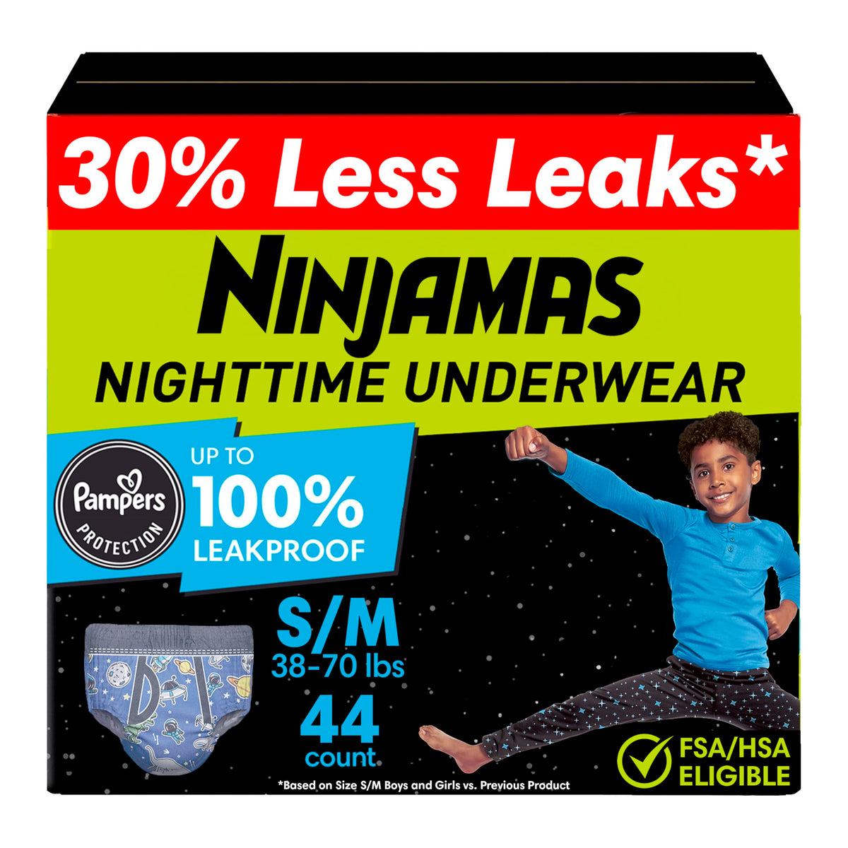 Ninjamas Boys Bedwetting Nighttime Underwear, S/M (38-70 lbs), 44 Count