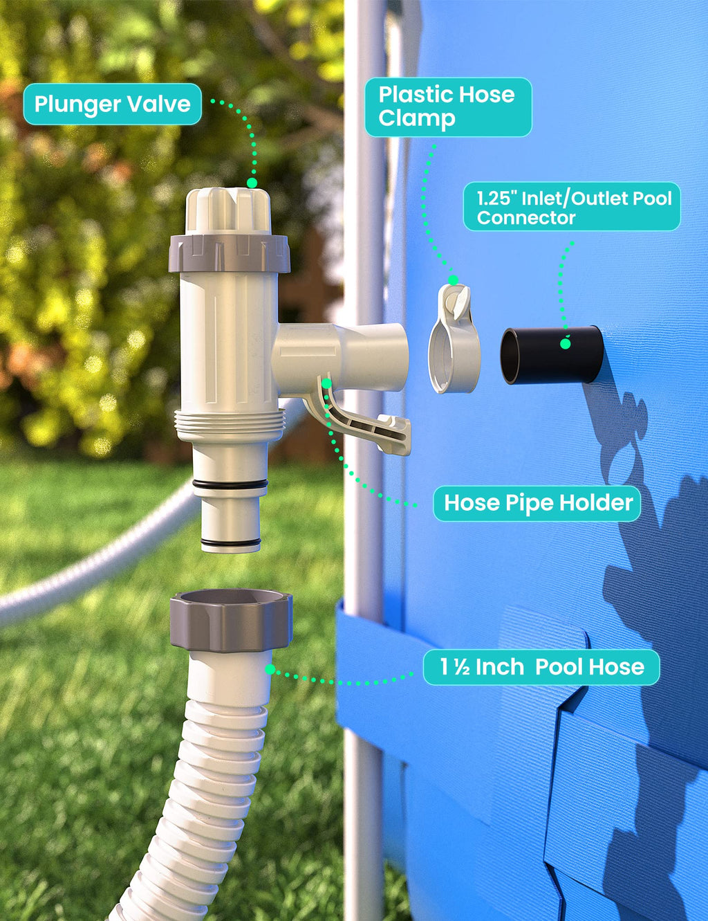 MASCARRY 【Patented】 Plunger Valve for Above Ground Swimming Pool, Pool Replacement Parts with On-Off Valve, Pool Hose Adapter and Pool Pipe Holder, Pool Pump Parts, Above Ground Pool Accessories