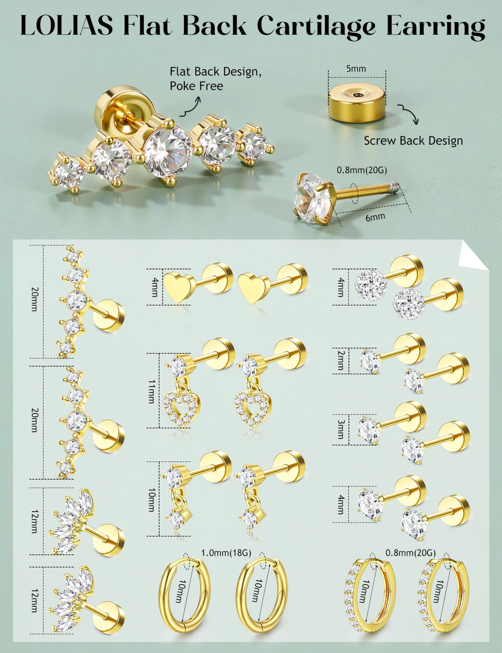 Flat Back Earrings for Women,20G Conch Tragus Helix Piercing Jewelry Gold