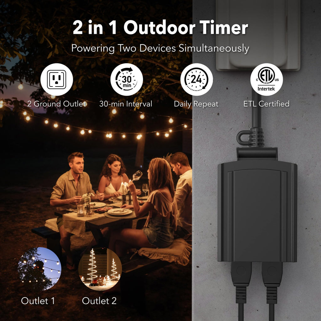 BN-LINK Outdoor 24-Hour Mechanical Timer Outlet, 2 Grounded Outlets, 2 Pack