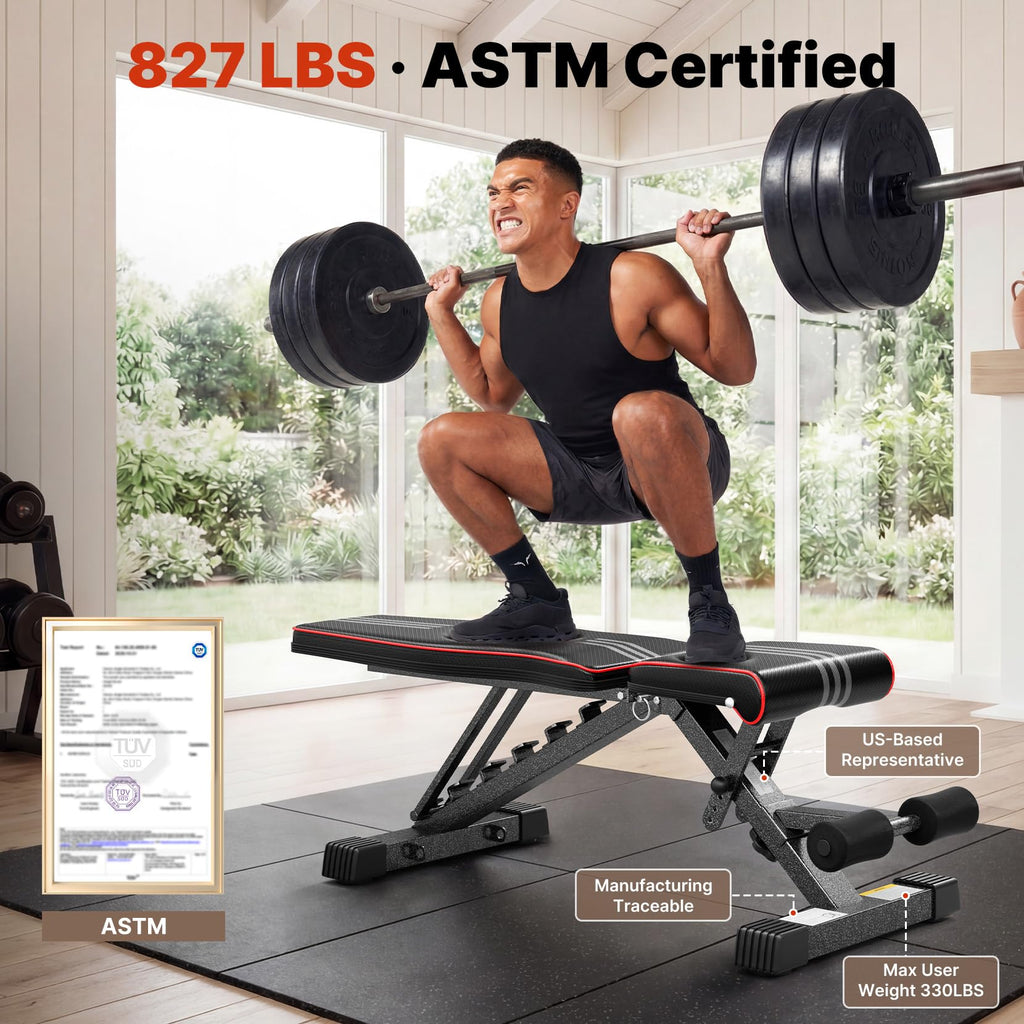YOLEO Adjustable Weight Bench, ASTM-Certified 827LBS, 98% Pre-Assembled