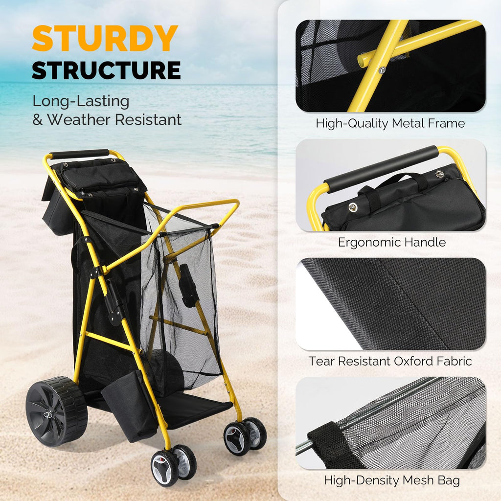 Bonnlo Beach Fishing Cart for Sand, Solid Wheel 11" Large All Terrain Wheels, Foldable Beach Wagon, Insulated Bag, 165lbs Capacity, Large Storage Space