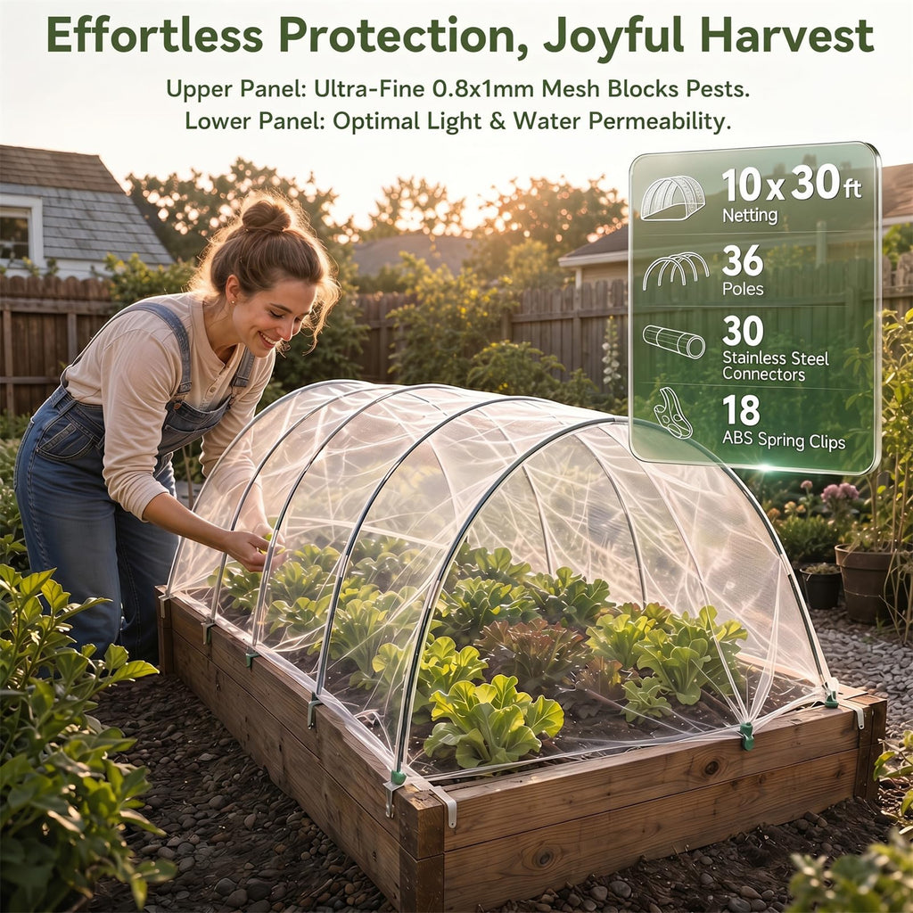 Garden Netting Kit, 10x30FT Ultra Fine Garden Mesh Netting with 6 Sets Garden Hoops, Insect Netting for Garden Protection Plant Covers, Garden Netting for Raised Beds Plant Fruit Flowers Protection