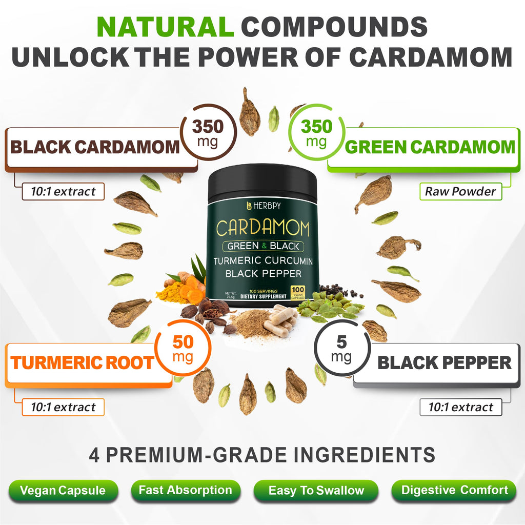 Herbpy 4in1 Cardamom Supplement - Green & Black Cardamom Seeds with Turmeric & Black Pepper – Digestive Health & Natural Wellness - 100 Vegan Capsules