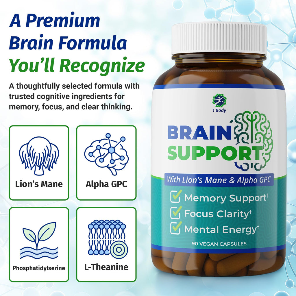 1 Body Brain Supplement – Nootropic Brain Booster with Alpha GPC, Ginkgo & Bacopa – 90 Vegan Capsules – Memory Supplement for Brain Support, Focus Pills, Brain Fog Supplements for Women and Seniors