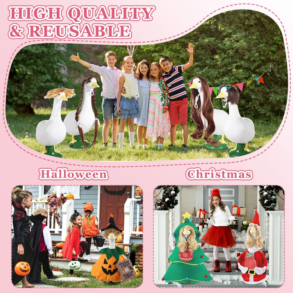 OBUSATT 8 Pcs Porch Goose Wigs Set Cute Lawn Statue Braid Wig with Hair Clips, Hair Ties, Ribbons Porch Goose Outfit Costume DIY Wigs Accessories for Outdoor Garden Patio Yard Goosey Decoration