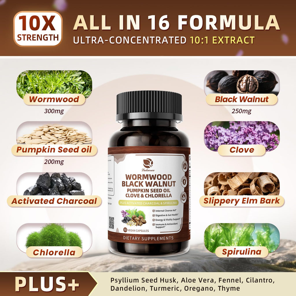 Lukaree Wormwood Black Walnut Cleanse for Human 1200mg – Ultra Gut Cleanse & Digestive Health w/Pumpkin Seed Oil,Clove,Activated Charcoal -10X Concentrated, Men & Women Probiotic Capsules -Vegan,90 CT