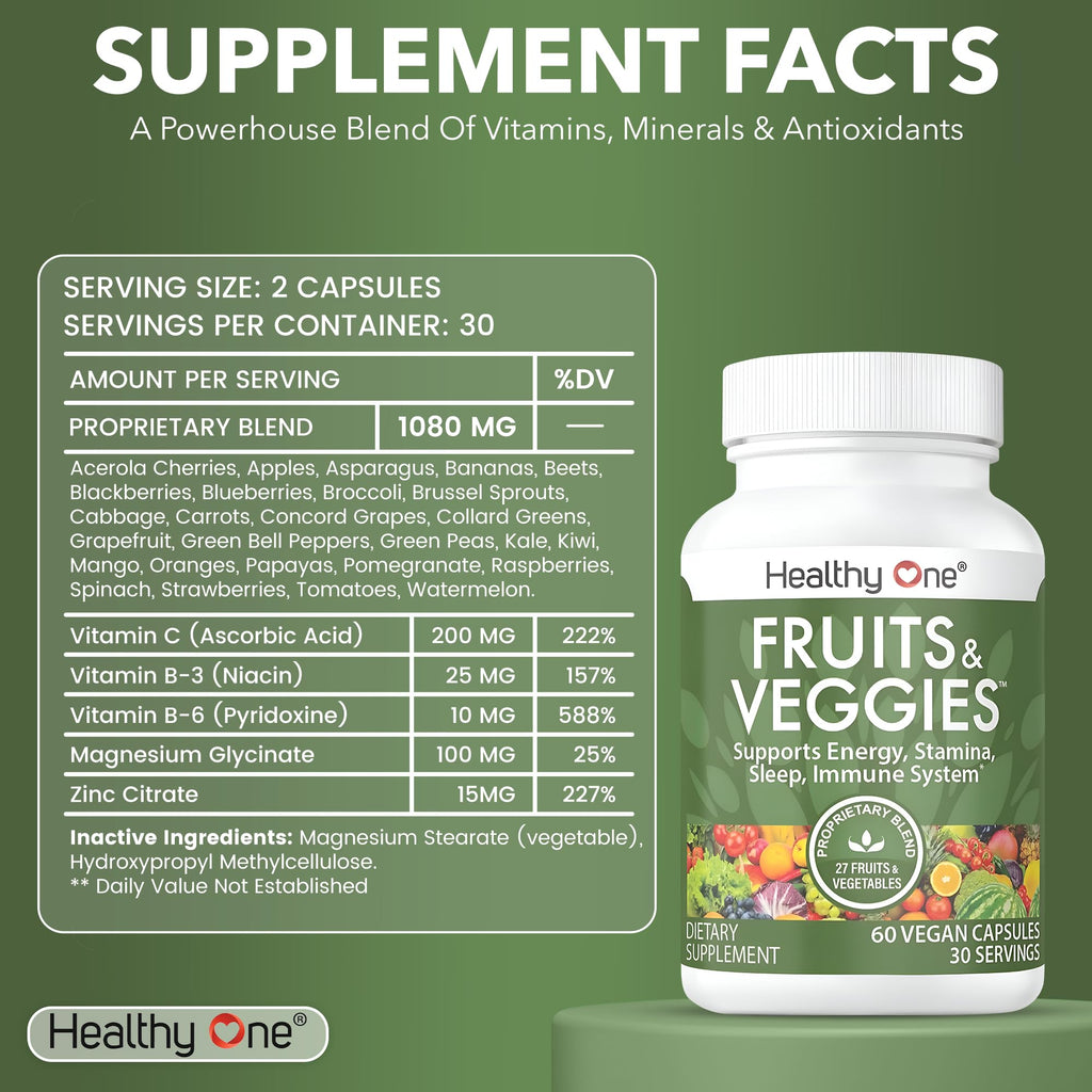 Fruits & Veggies Formula - 27 Premium Whole Foods - Organic Ingredients - Equals 3 Servings of Fruits & Vegetables - Improve Energy, Focus & Immune Function - Fiber - Antioxidants - 60ct (30 Serv)