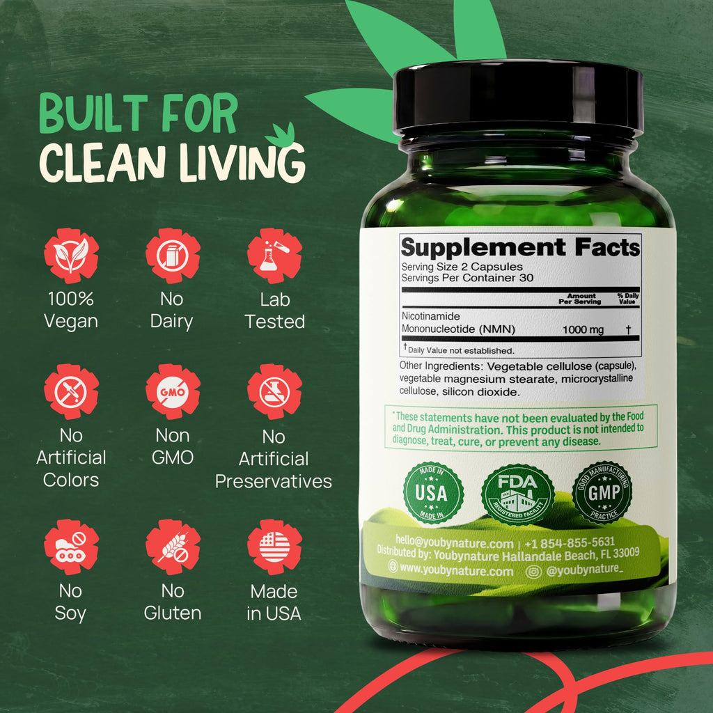 YOUBYNATURE NMN 1000mg Nicotinamide Mononucleotide Supplement | Vegan Gluten-Free Unflavored Veggie Capsules | 60 Capsules | 30 Servings | Daily Supplement for Adults