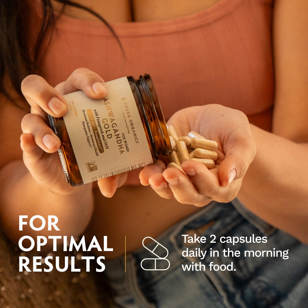 Tribe Organics Ashwagandha Gold - DIM Supplement for Women with Ashwagandha KSM-66®, FenuSmart™ Fenugreek & AstraGin - Clinical-Grade Hormone Balance, Estrogen Support & PMS Relief - 60 Vegan Capsules