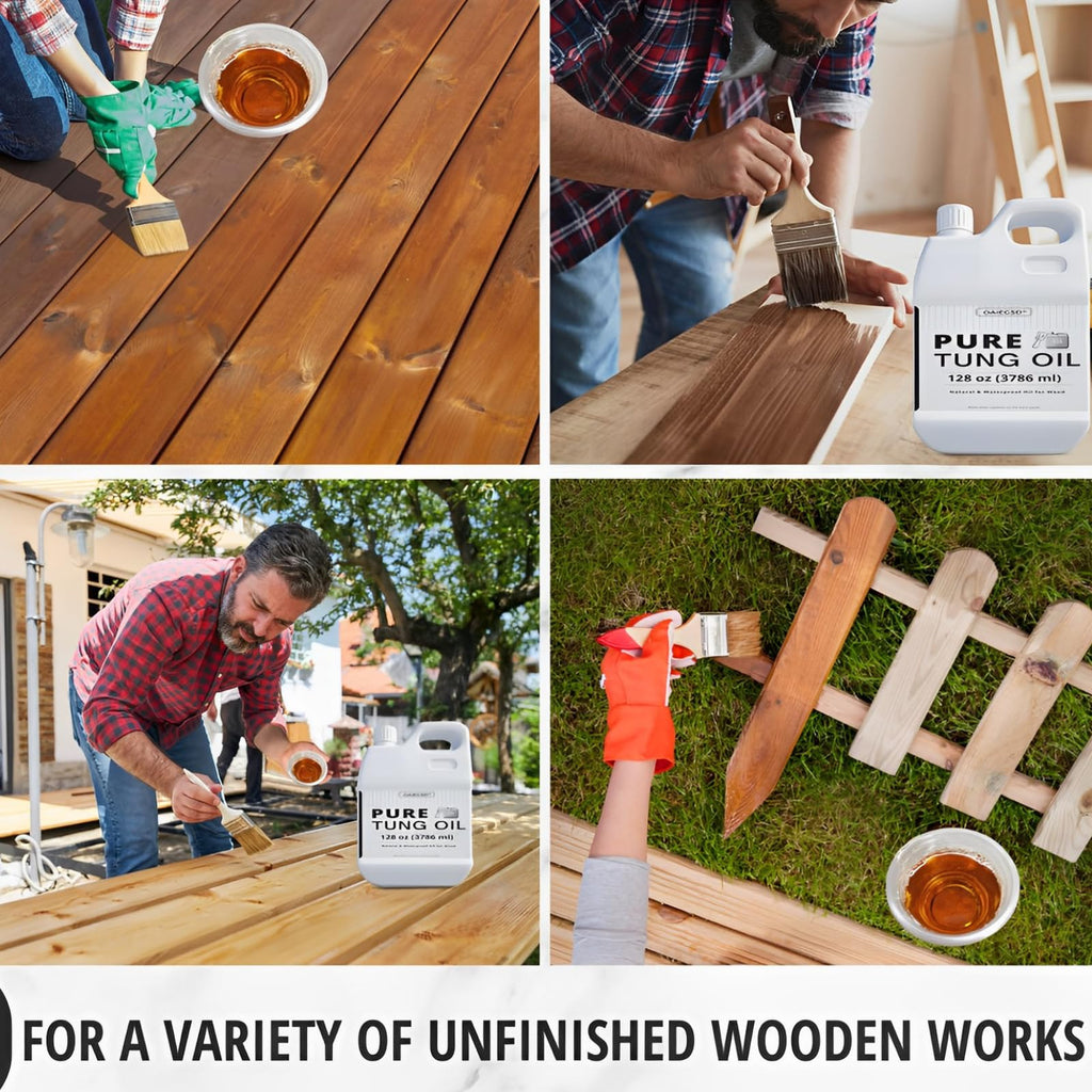 OAIEGSD 32oz 100% Pure Tung Oil for Wood Outdoor with Brush, Safe Food Grade Tung Oil for Wood Finish, Natural Waterproof Sealer Can Used on Cutting Boards, Outdoor Furniture, Butcher Blocks