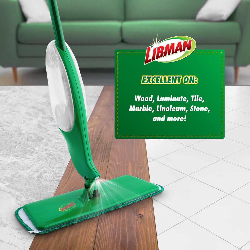 Libman Freedom Spray Mop Kit, Microfiber Wet Mops for Floor Cleaning, Hardwood, Laminate, Tile Cleaner, Household Tool, 24 Oz Solution Tank, Two Extra Replacement Refill Heads Included