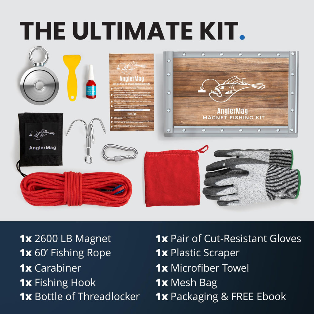 AnglerMag Magnet Fishing Kit - 2600 lbs Double Sided Neodymium Magnetic Fishing Stuff with Rope - 10 PCS Extra Strong Complete Gift Set with eBook, Carabiner, Gloves, Grappling Hook & Carrying Bag