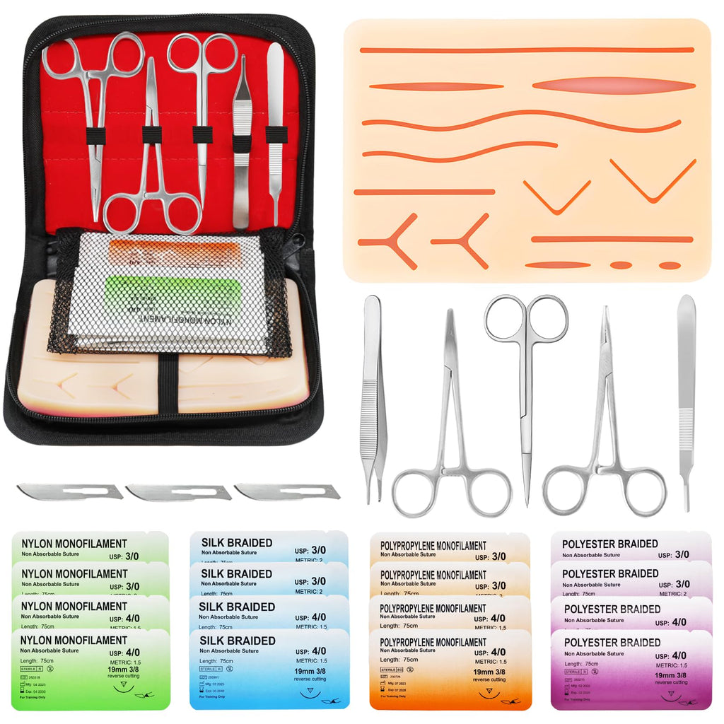Suture Practice Kit for Medical Students - Suturing Kit Suture Pad with Pre-Cut Wounds, Suturing Threads & Tools, Wound Closure Stitches Training Kit for Med Dental Vet Students, Educational Use Only