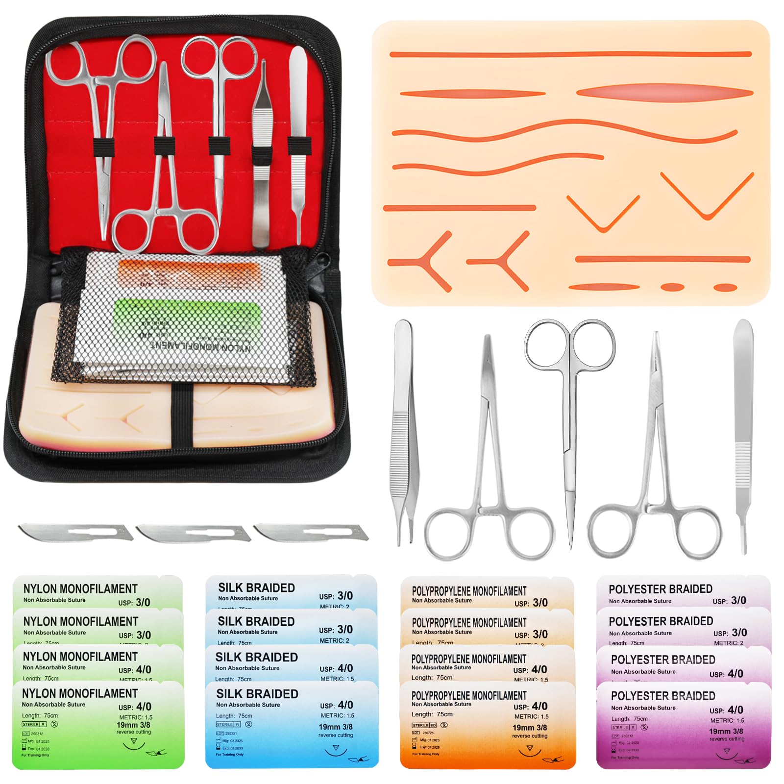 Suture Practice Kit for Medical Students - Suturing Kit Suture Pad with Pre-Cut Wounds, Suturing Threads & Tools, Wound Closure Stitches Training Kit for Med Dental Vet Students, Educational Use Only