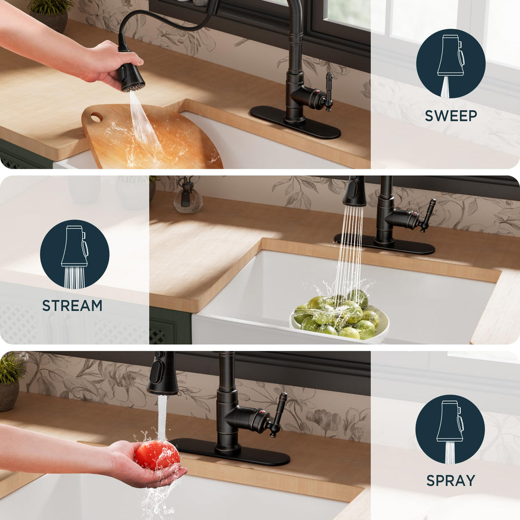 FORIOUS Vintage Kitchen Faucets with Pull Down Sprayer, Oil Rubbed Bronze
