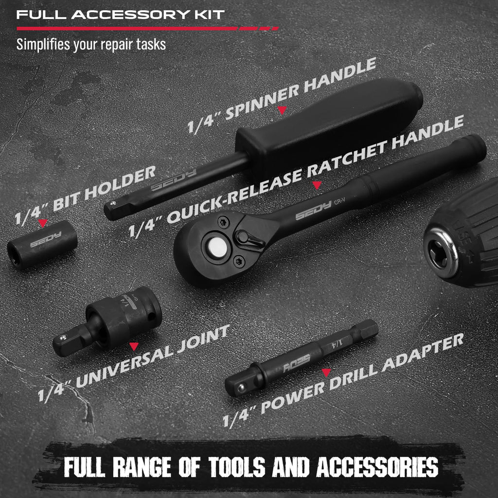 64-Piece 1/4" Drive Impact Socket Wrench Driver-Bits Set, Cr-V Metric&SAE Deep and Shallow Socket Set, S2 Power Bits with Quick-Release Ratchet Handle, Universal Joint, Bit Holder, Power Drill Adapter