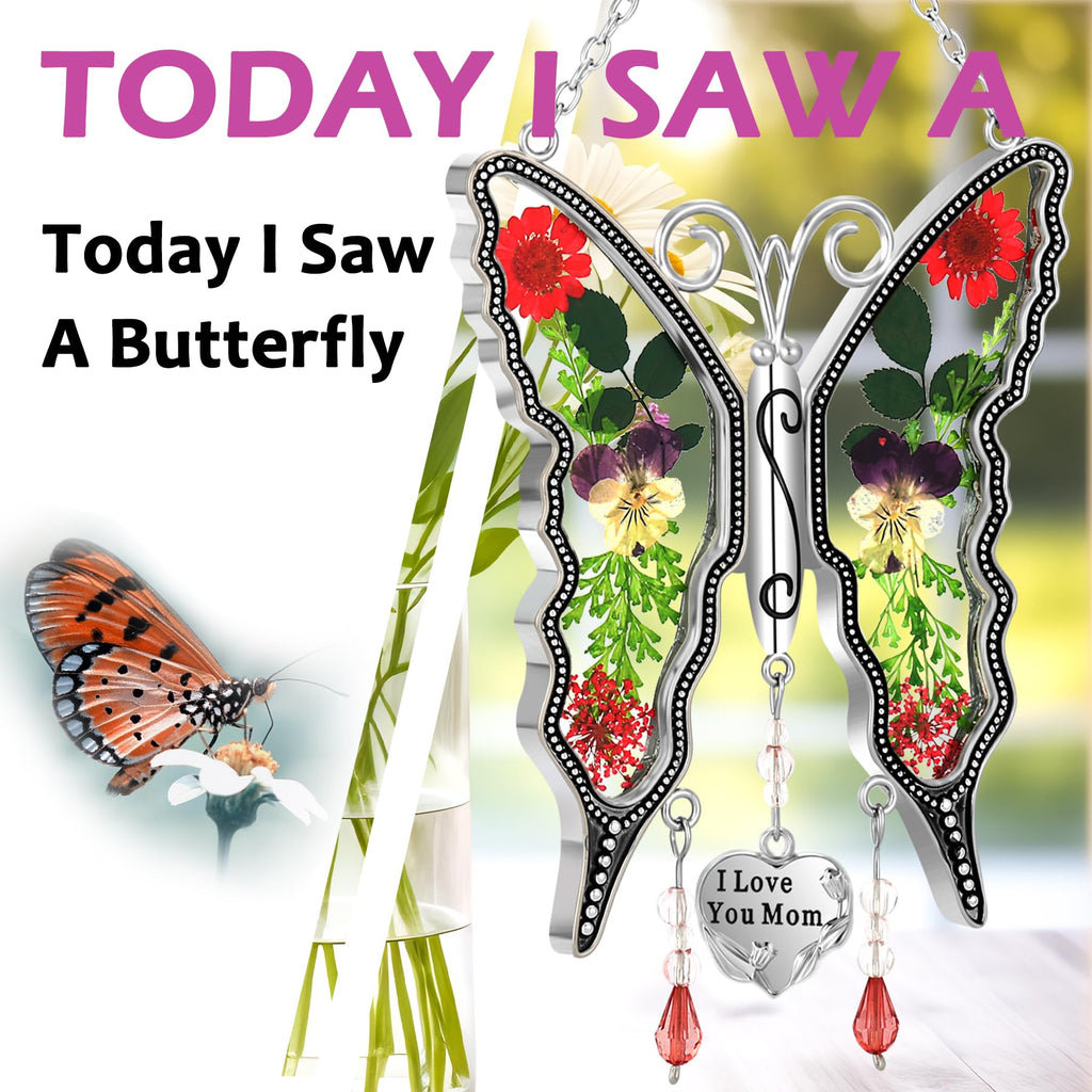 KY&BOSAM Mom Gift Butterfly Glass Pressed Flowers Suncatcher Window Hanging