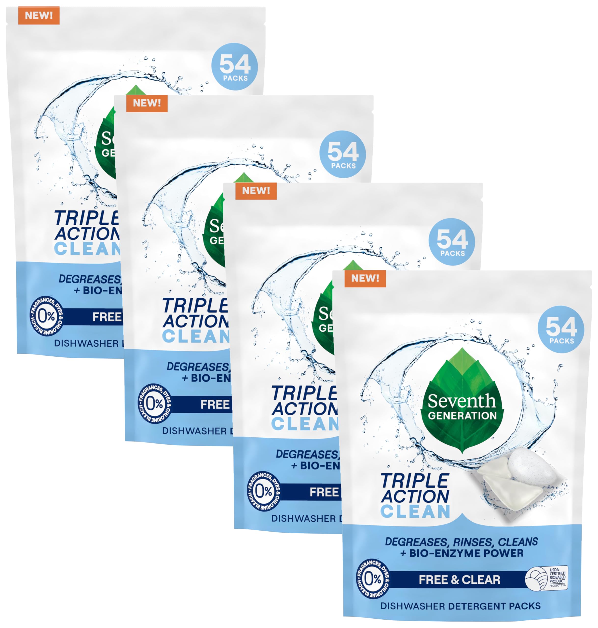 Seventh Generation Triple Action Clean Automatic Dishwasher Detergent Packs with Bio-Enzyme Power, Free & Clear, Fights 48-hour Stuck-on Food, 54 count (Pack of 4)