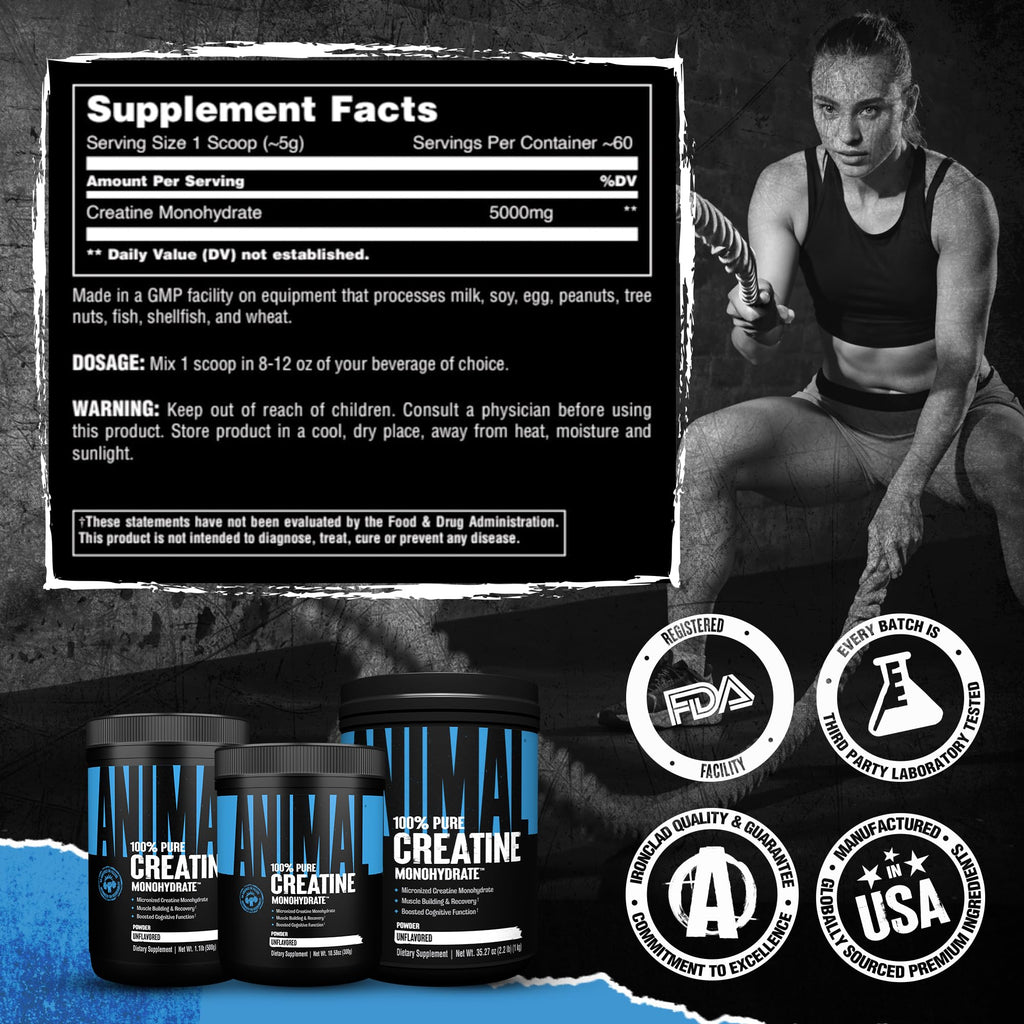 Animal Creatine Monohydrate Powder – Micronized Creatine for Women and Men, Supports Muscle Growth, Strength, Endurance, Recovery and ATP Production, Gym & Workout Supplements - Unflavored, 300g
