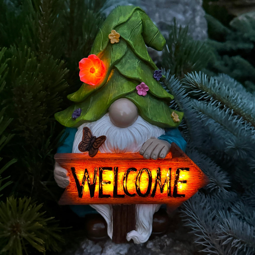 Mood Lab Garden Gnome - Solar Gnome Figurine with Welcome Sign - 9.1 Inch Decor Outdoor Lawn Statue with LED Lights
