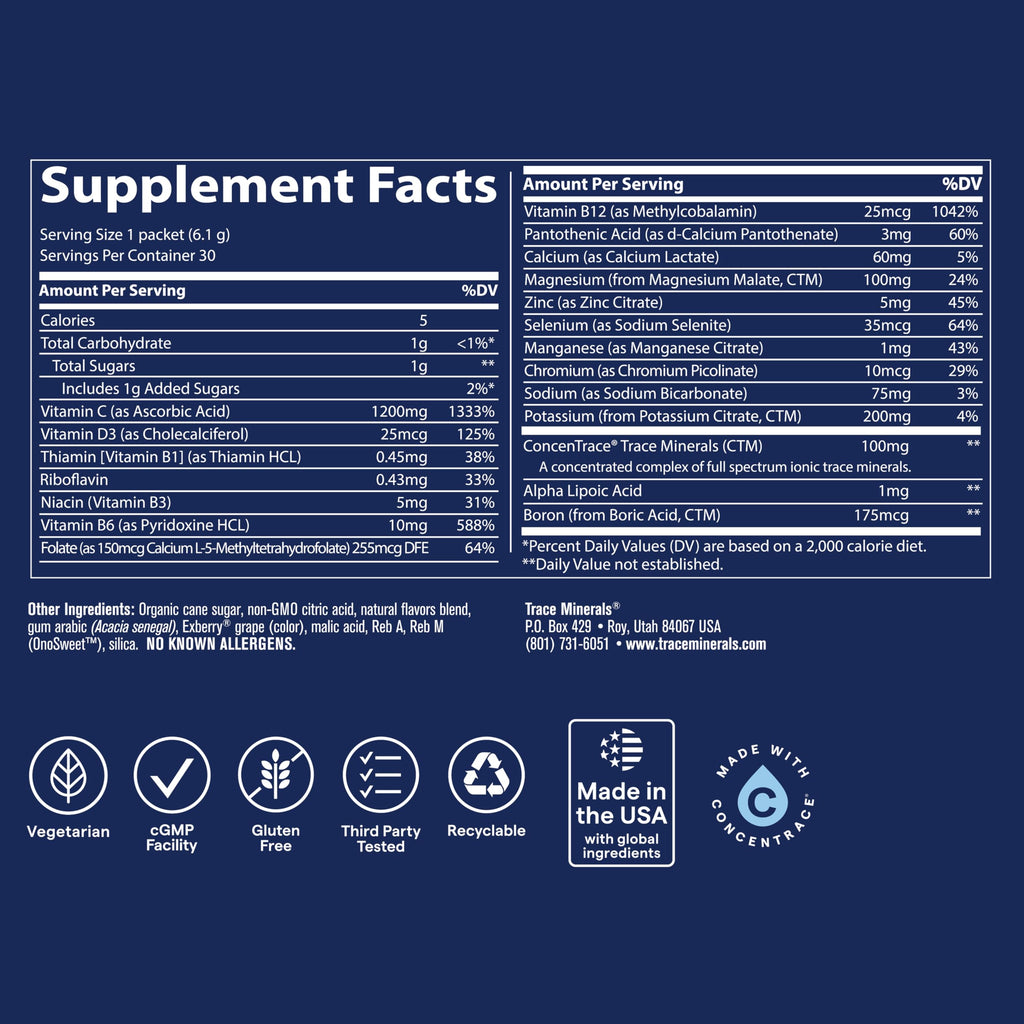 Trace Minerals | Power Pak Electrolyte Powder Packets | 1200 mg Vitamin C, Zinc, Magnesium | Boost Immunity, Hydration and Natural Energy | Pomegranate Blueberry | 30 Packets