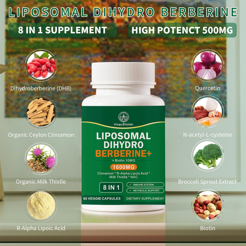 VITACRLLYNMN Dihydroberberine Supplement 1600MG Super Berberine and Dihydroberberine with Cinnamon 8 in 1 Supplement 60 Capsules