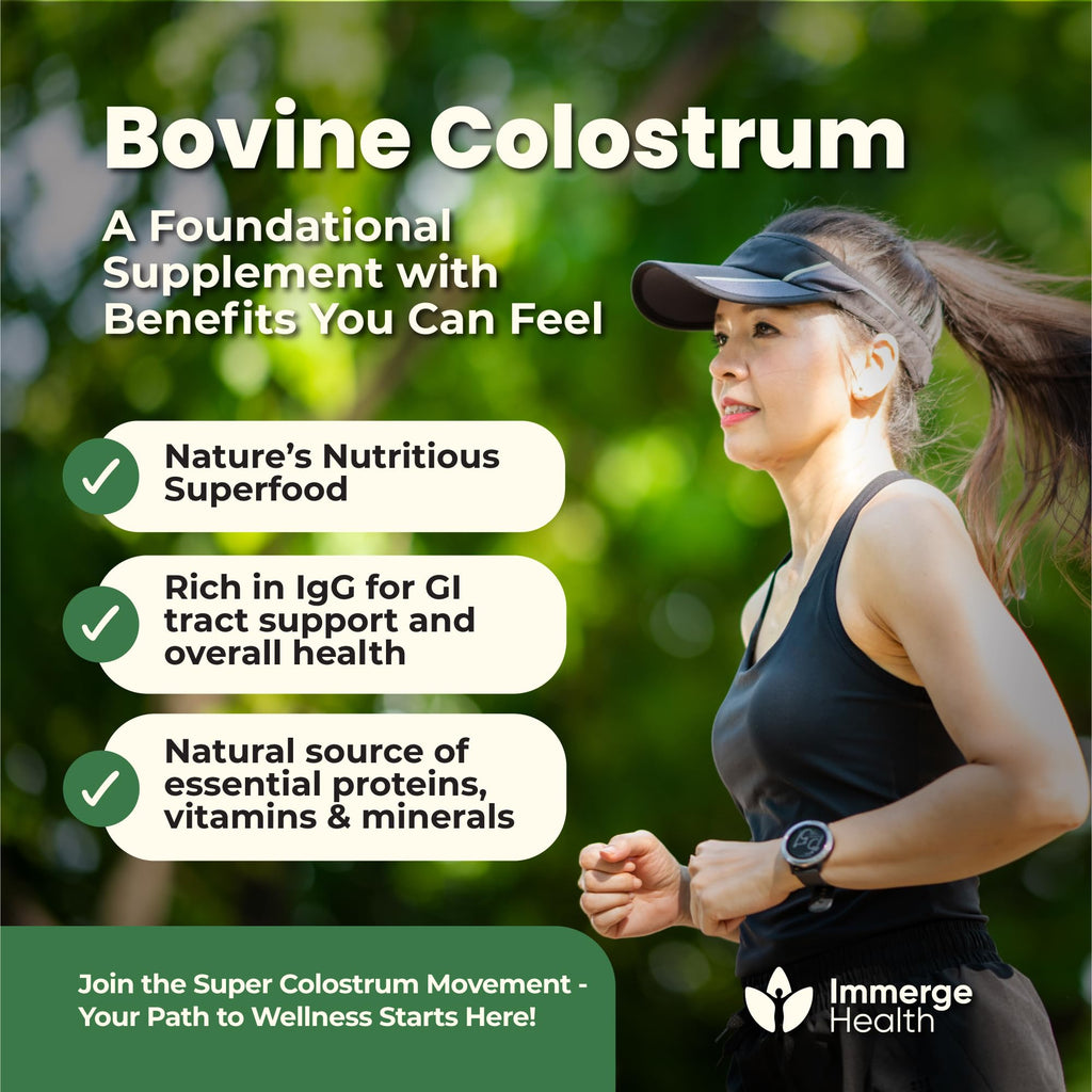 Immerge Health Super Colostrum Capsules - 120 Count High IgG Bovine Supplement for Gut Health, Hair Growth, Bloating & Immunity - 100% Grass Fed First Milking, Tasteless & Travel Friendly, USA Made