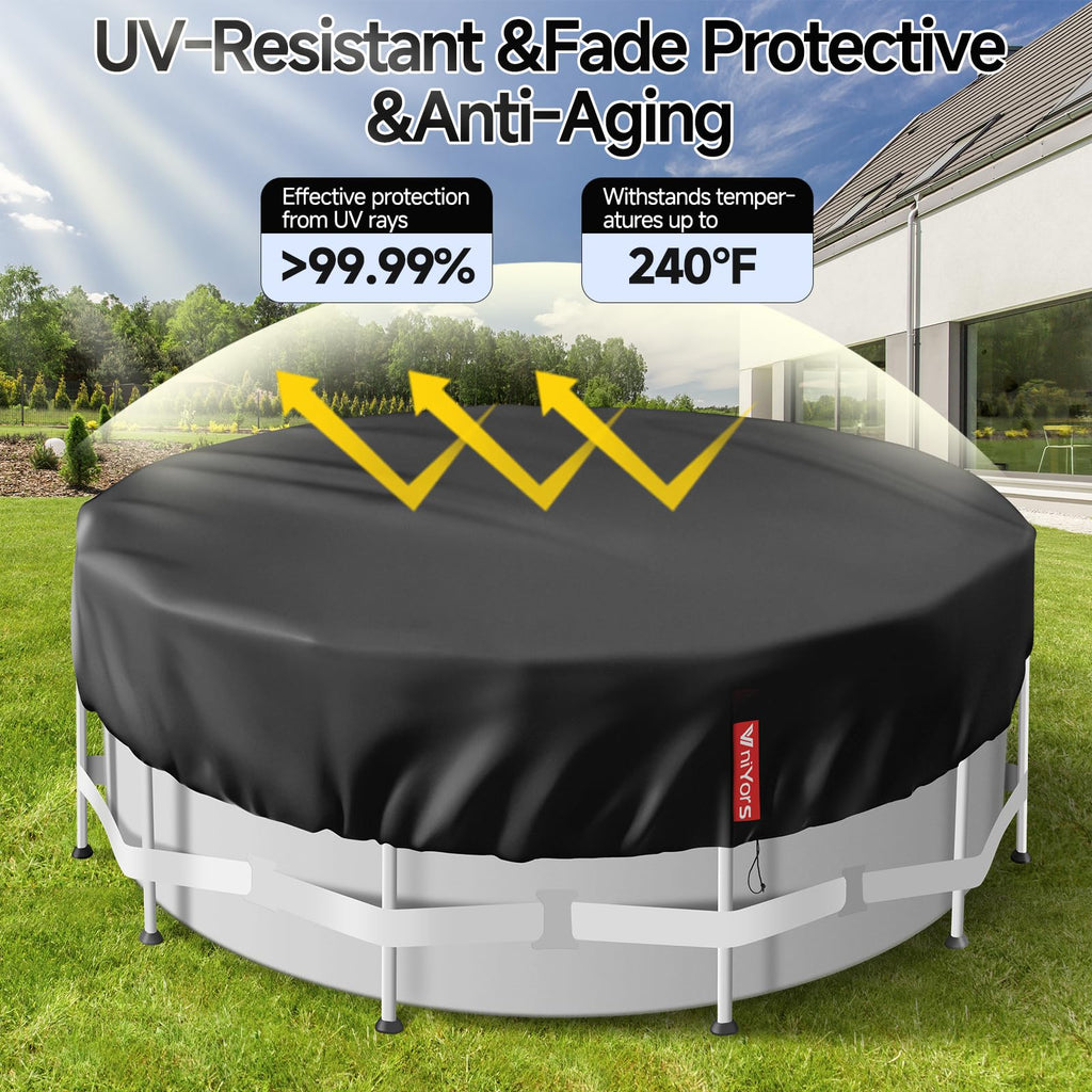 VniYors 12 Ft Round Pool Cover, Heavy-Duty Waterproof Dustproof Solar Pool Cover for Above Ground Pools, Hot Tub Cover with Drawstring and Ground Nails, Black