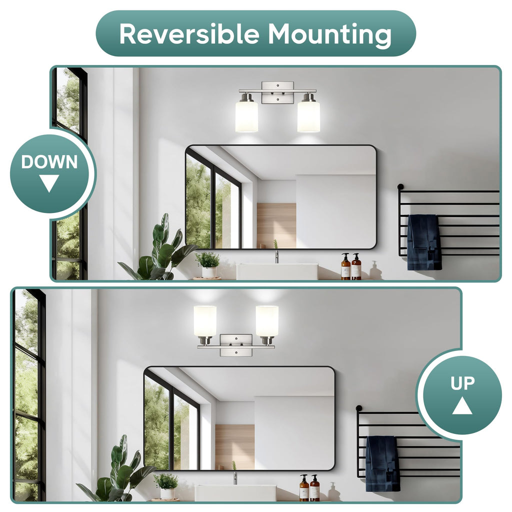 Ascher Bathroom Light Fixtures, 2-Light Vanity Light Over Mirror, Brushed Nickel Wall Sconces with Milky White Frosted Glass Shades, Wall Lamp for Living Room Bedroom, E26 Base(Bulbs Not Included)