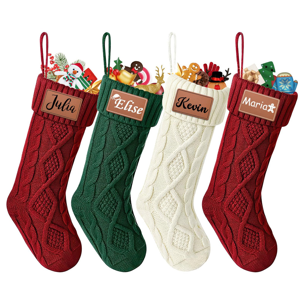 Dreamdecor Personalized Christmas Stockings with Names Monogram, 18��� Large Family Knitted Xmas Stocking with Leather Nameplate for Kids, 4 Pack Customized Christmas Stockings for Fireplace Holiday