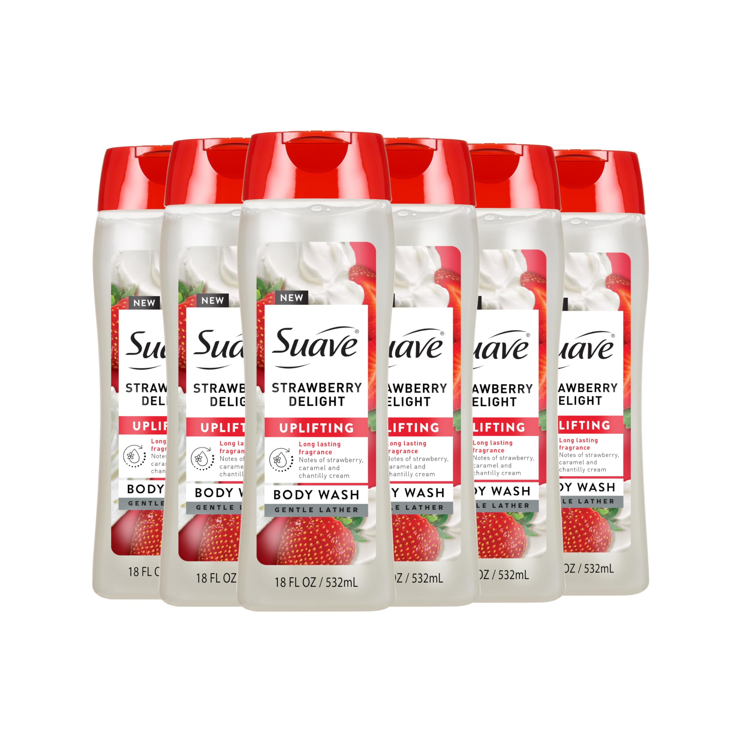 Suave Strawberry Delight Uplifting Body Wash, Formulated with Glycerin and Vitamin E for Hydrating and Gently Cleansing Skin, 18 oz, 6 Pack