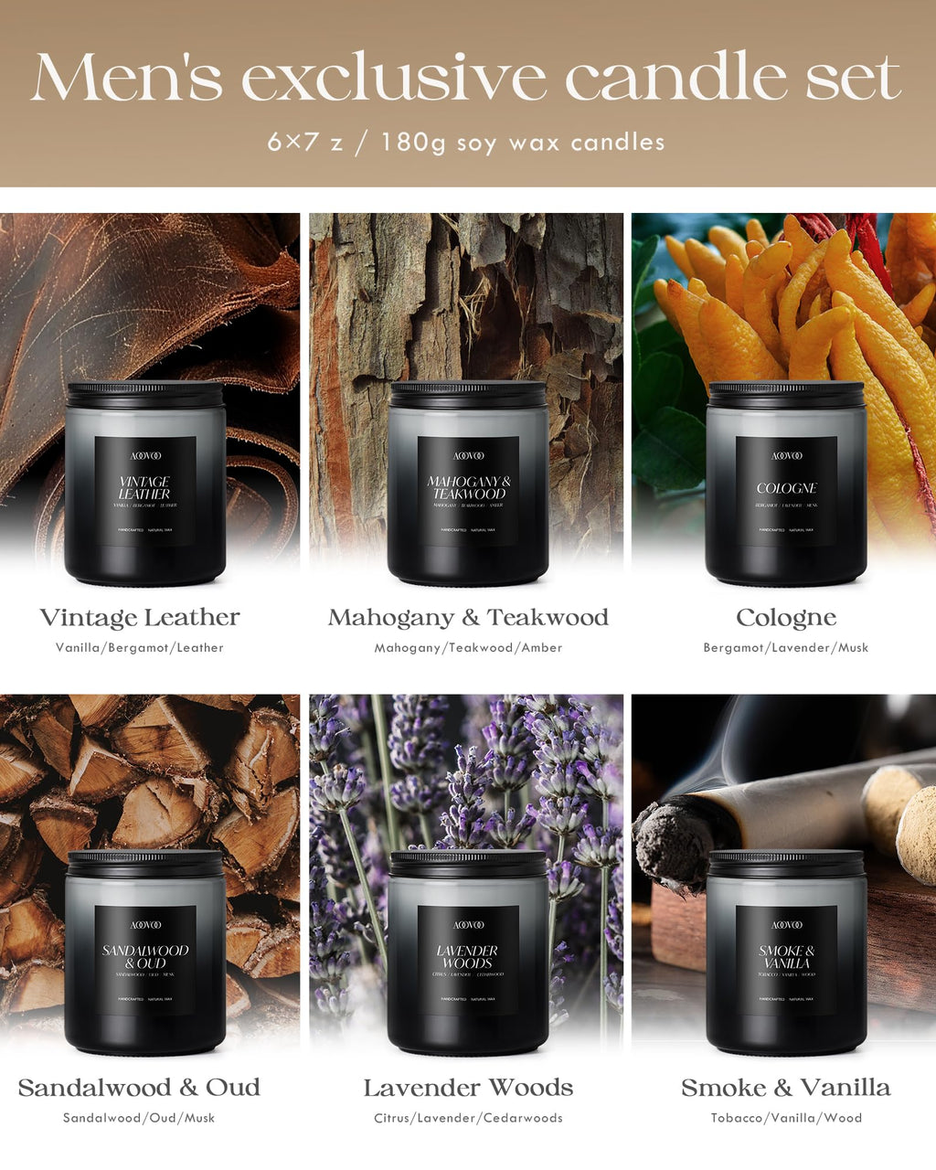 AOOVOO Scented Candles Set - 6 Pack Men Candles for Home Scented