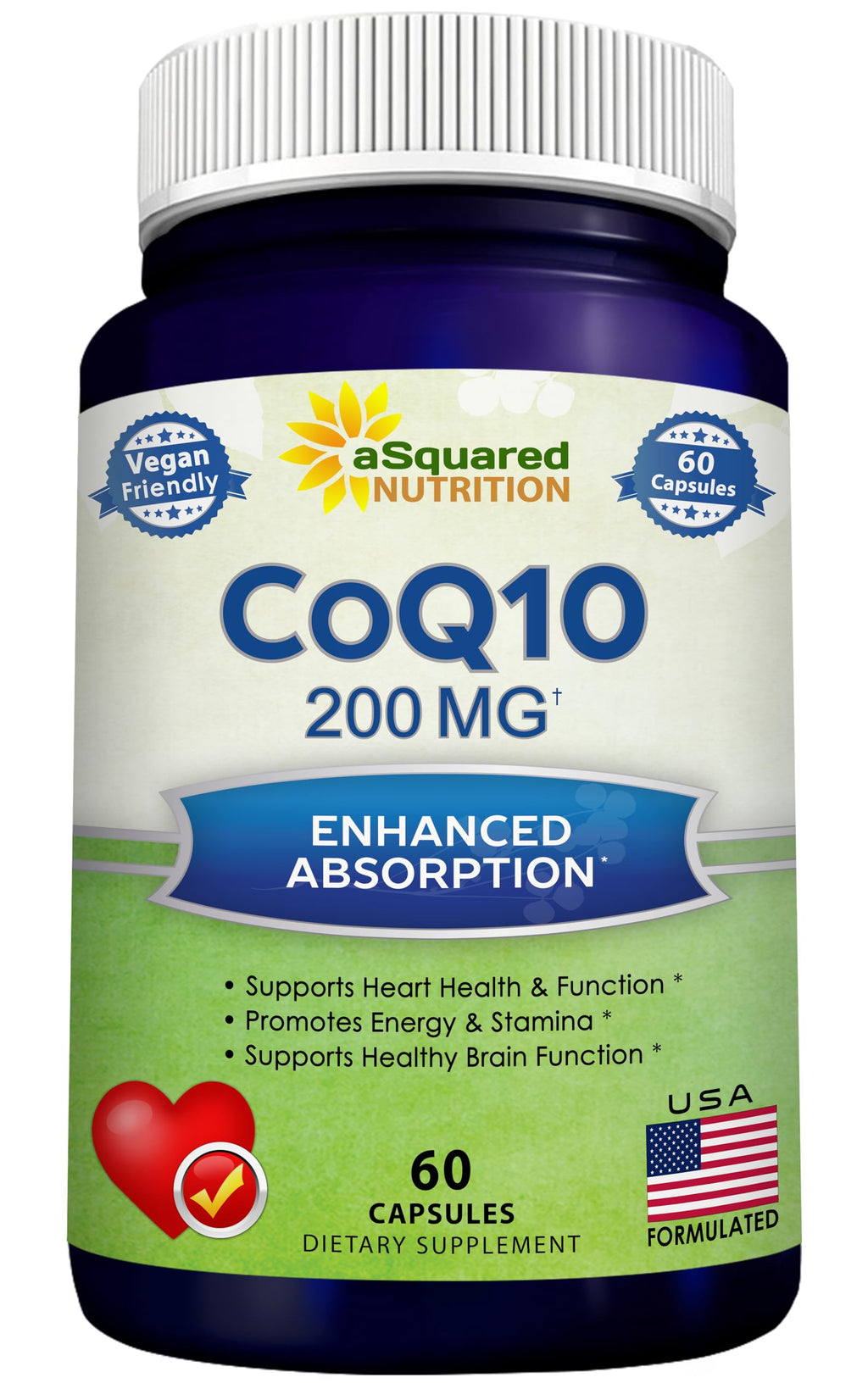 aSquared Nutrition CoQ10 200mg - 60 Capsules - CO Q 10 Supplement - Coenzyme Q10 Ubiquinone Pills - Vegan CoQ-10 Extra Antioxidant Vitamin - Alternative to Softgels & Gummies