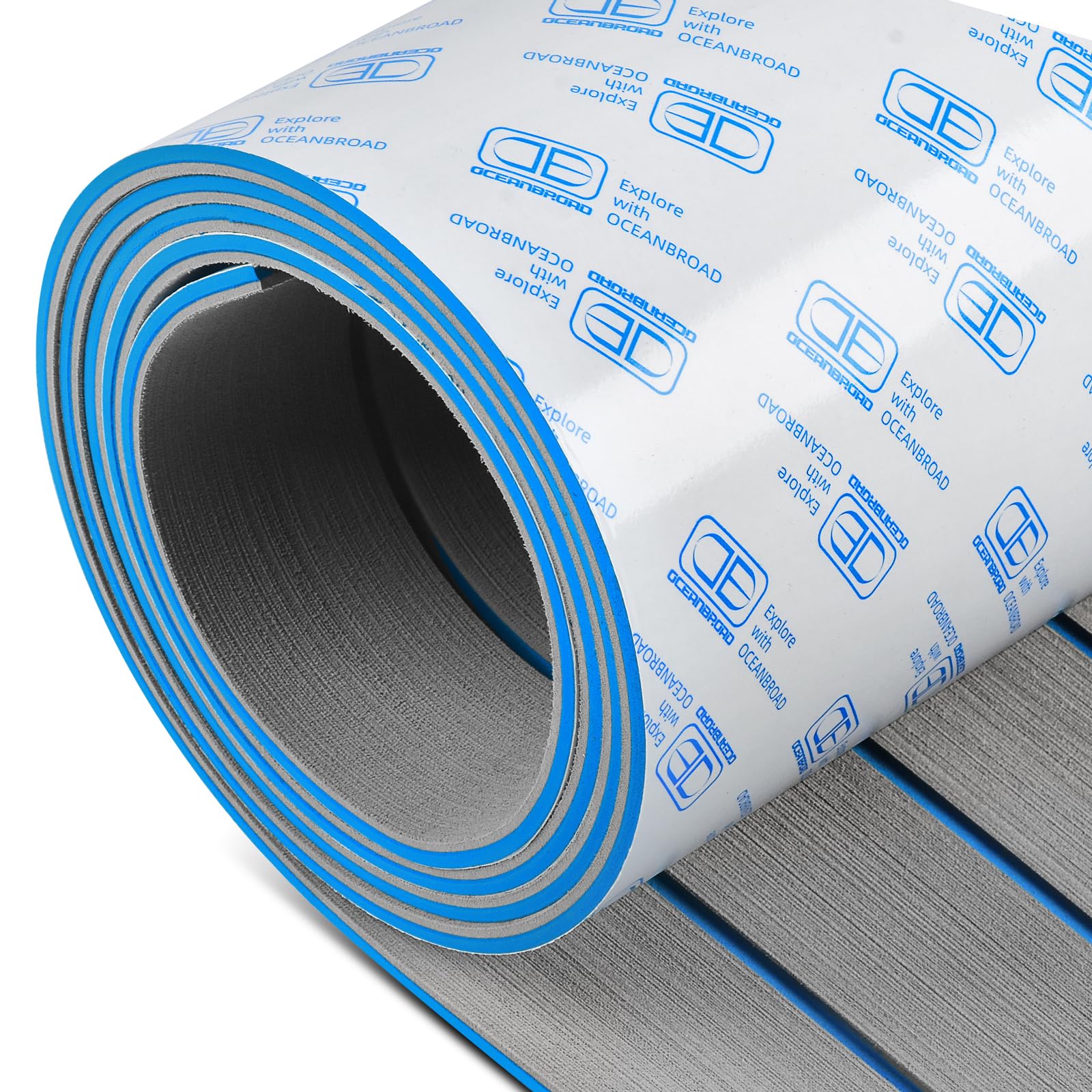 OCEANBROAD Boat Flooring EVA Foam Self-Adhesive 96''x28.8'' Faux Teak Marine Boat Decking Sheet for Jon Boats Yacht Floor, Gray with Blue Seam Lines