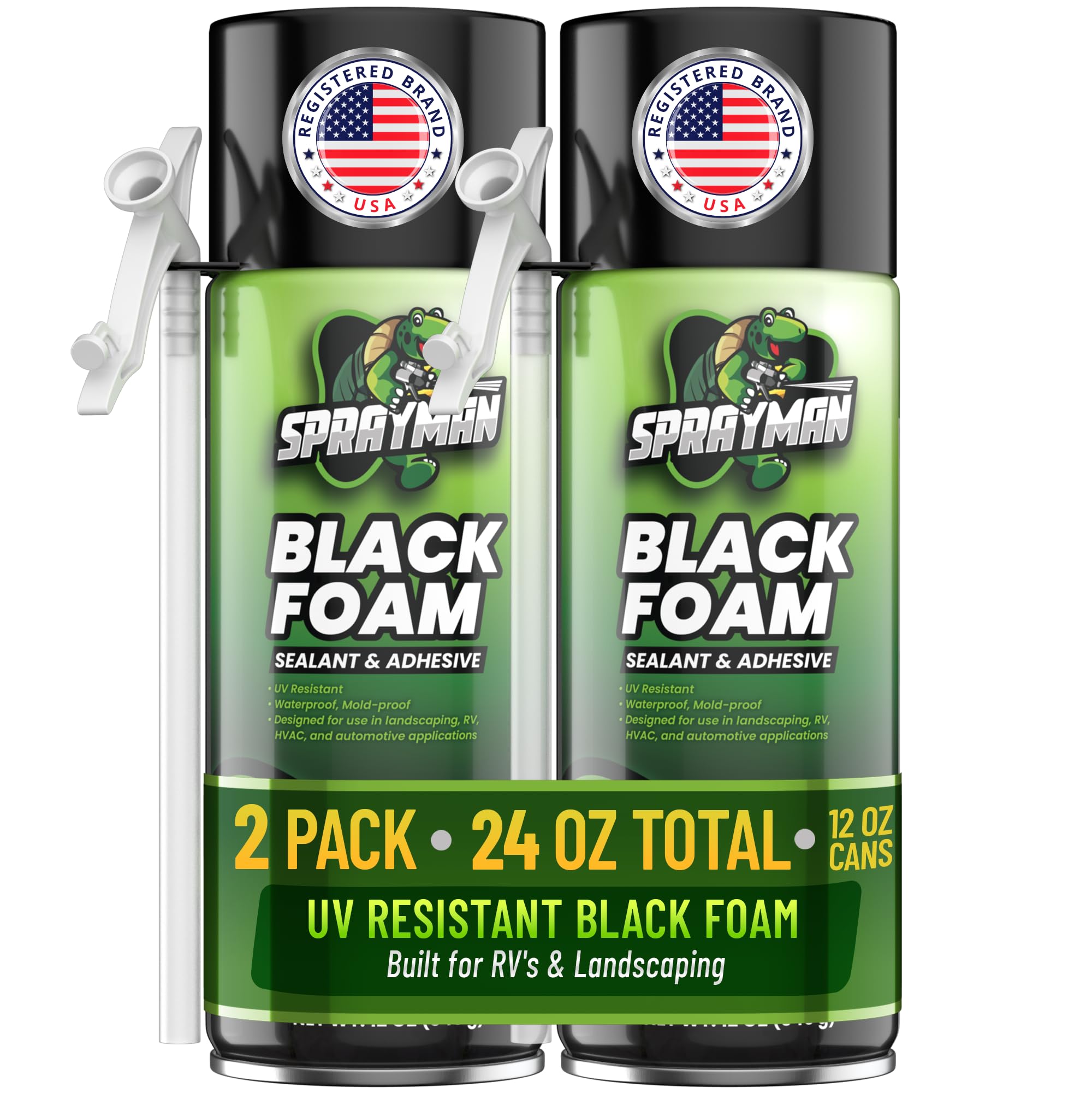 Sprayman Black Waterfall Foam Sealant - (2x12oz) Expanding Polyurethane Pond Foam Sealer, UV Resistant, Water Proof Spray for Landscape & Exterior, Straw Use, 2 Pack