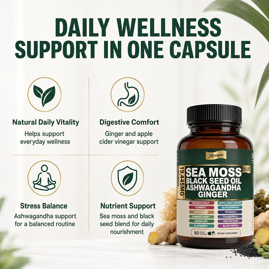 MPRAYAN Sea Moss Black Seed Oil Ashwagandha Capsules - 10:1 Extract Blend 60ct
