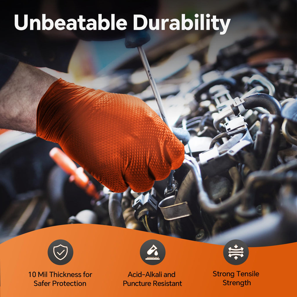 UYKKE 10mil Nitrile Gloves Disposable Rubber Latex Mechanic Gloves,Industrial Disposable Mechanic Latex Rubber Mechanics Glove Heavy Duty Nitrile Glove XL with Diamond Textured(1001,X-Large)