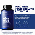 BONE SCIENCE Primeheight Bone & Growth Support with Calcium, Vitamin D3, K2, Magnesium, Zinc - Nutrient-Based Vegan Immune Formula, Non-GMO, 120 Tablets