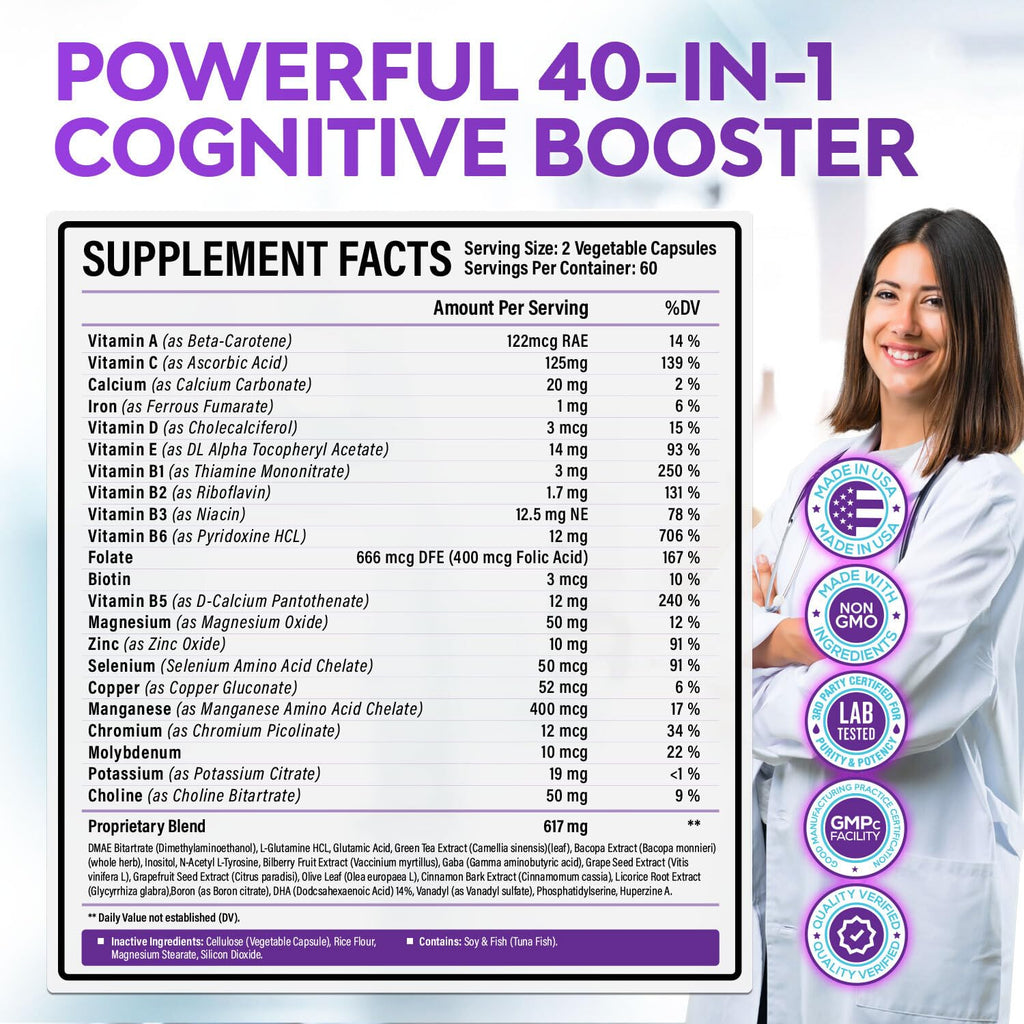 40-in-1 Brain Booster Supplements for Memory, Focus, Clarity, Energy, Performance | Natural Nootropic Brain Support Supplement with DMAE, Bacopa Monnieri & More | For Men & Women | 120 V Capsules